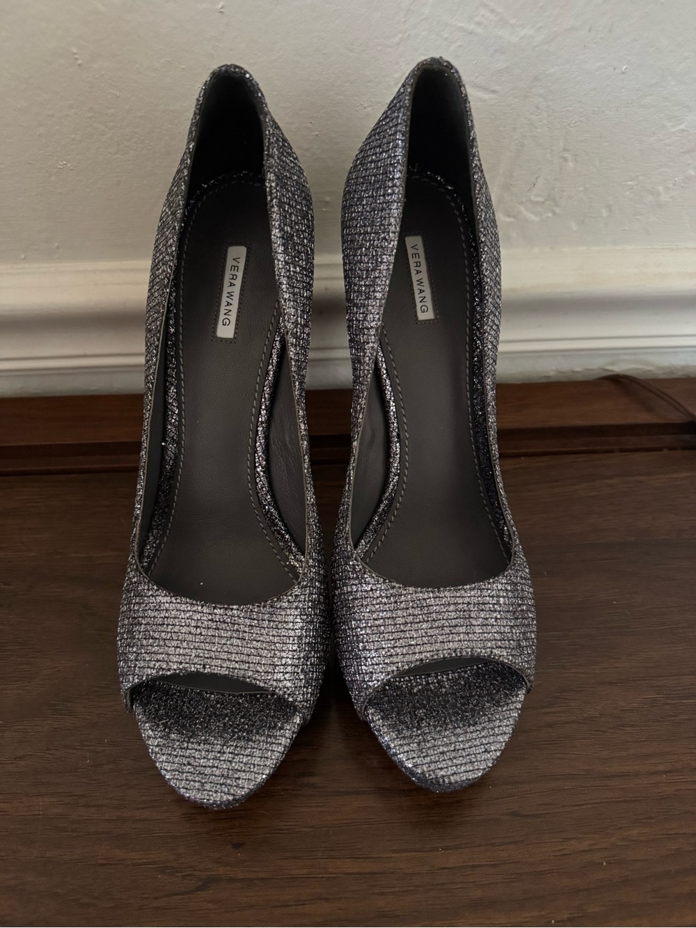 Vera Wang Sparkle Silver Peep-Toe Heels